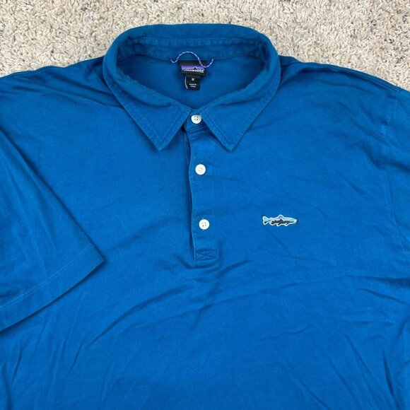 Patagonia Mens Polo Shirt Blue Medium Solid Button Short Sleeve Organic Cotton - Picture 3 of 8